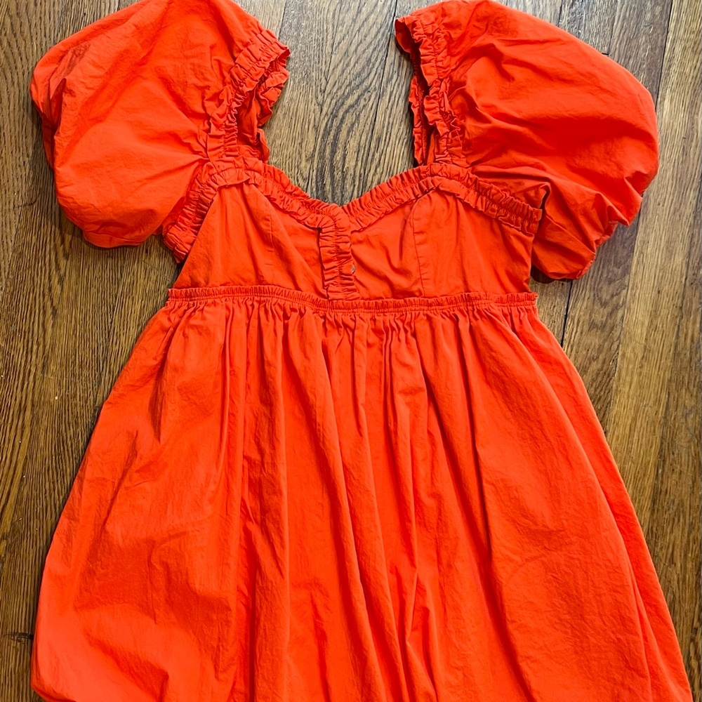Free People Vibrant Orange Puff Sleeve Mini Babydoll Dress